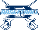 Dorman Basketball logo - Light blue "Basketball" with white outline and dark blue outer outline over a dark blue "D" character. In the background are two white crossed swords with dark blue features and outline.