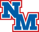 North Mecklenburg Logo - N and M characters in light blue with white outline and red outer line.