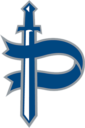 Pace Academy Logo - A characterized blue P with a sword hilt up as the vertical portion of the P character.