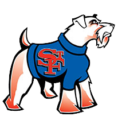 St Francis Prep Logo - A white terrier dog in prfile with red features. They are wearing a blue sweater with "SFT" characters on the hoodie. The characters are red.