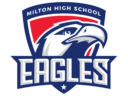 Milton High School Logo - A white eagle head with blue outline over a red shield with blue outline and title text "Milton High School". Text "Eagles" at the bottom in white with blue outline.