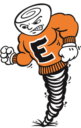 Elizabethton High School Logo - Tuffy, a characterized cyclone wearing an orange hoodie with black E character on the front.