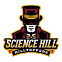 Science Hill Hilltoppers Logo - A man in a red and gold hat and suit. The words "Science Hill Hilltoppers" below in white and gold.