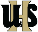 Upperman High School Bees Logo - A black U, dull gold H, and Black S overlapping each other
